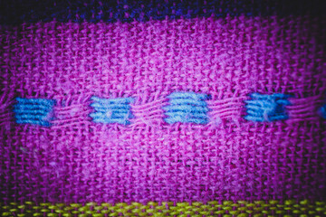 Woven fabric handmade macro. Cotton fabric in pink and blue color.