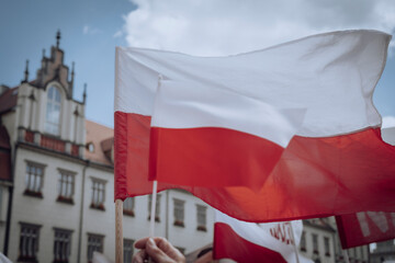 The Polish flag waving over the crowd of people 
