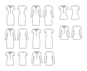 Set of Shirt dresses technical fashion illustration with henley neck, long, short sleeves, knee length, oversized, fitted body. Flat apparel template front, back, white color. Women, men, CAD mockup