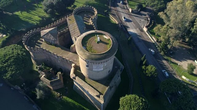 Aerial view of the village of Ostia antica the basilica of Santa Aurea and castle of Julius II in Rome