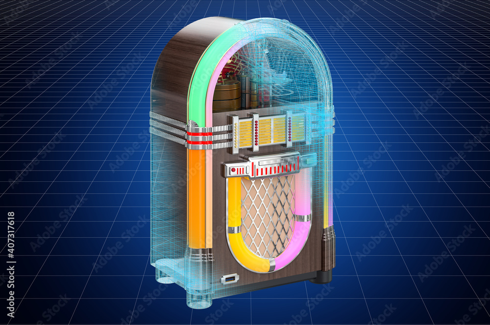 Poster visualization 3d cad model of jukebox, blueprint. 3d rendering