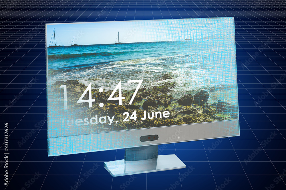 Poster visualization 3d cad model of computer monitor, blueprint. 3d rendering