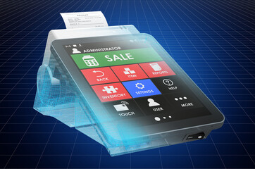Visualization 3d cad model of online cash register, blueprint. 3D rendering