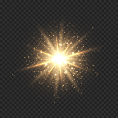 Star burst with sparkles. Golden light flare effect with stars, sparkles and glitter isolated on transparent background. Vector illustration of shiny glow star with stardust, gold lens flare