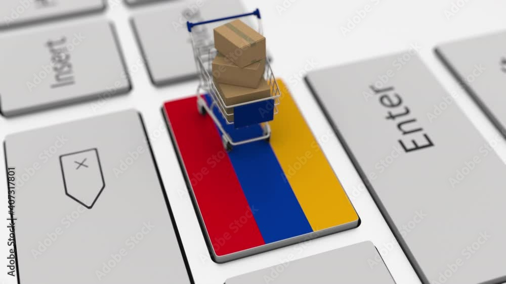 Poster key with flag of armenia and shopping cart with boxes, looping internet business related 3d animatio