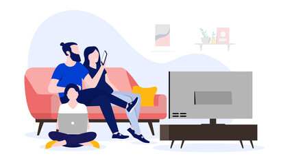Naklejka na ściany i meble Family using internet at home - Watching tv, using computer and smartphone. Wifi and home network concept. Vector illustration.