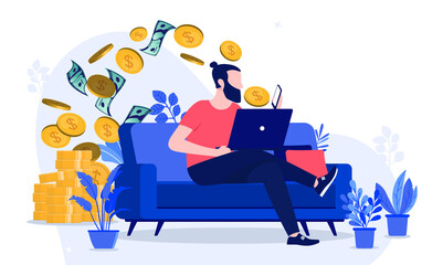 Making money from home - Man working online to earn cash, sitting on sofa with smartphone and laptop. Vector illustration.