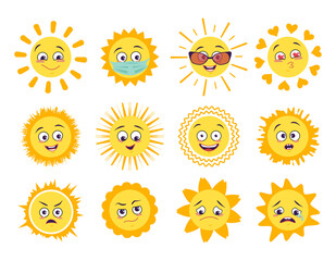 Sun icons set with different emotions, mask and goggles