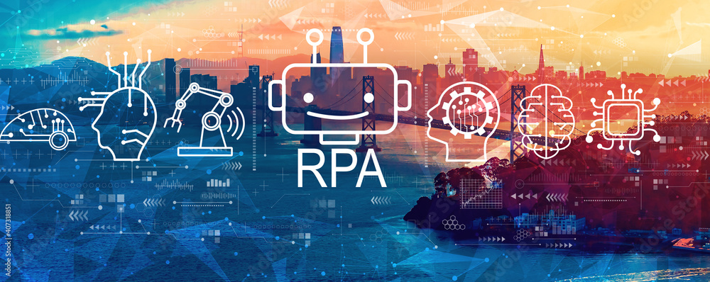 Poster robotic process automation rpa theme with aerial view of the bay bridge in san francisco