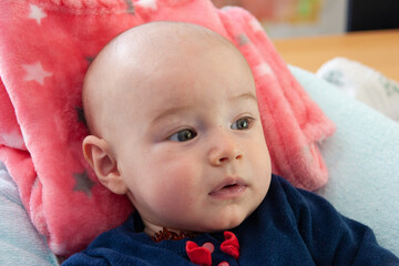 Newborn baby girl on a cushion.