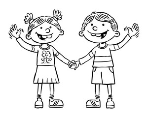Hand drawn black and white illustration of kids who are waving hands. Vector EPS. 