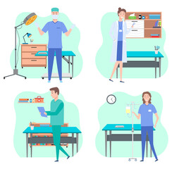Man and wooman doctors in their workplaces in medical office set. Health protection concept. Male and female characters medic and nurse in medical clothes in the hospital ready to accept the patient