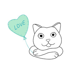 Vector card by Valentine's Day with cartoon cat with balloon in the form of heart. Doodle style. Signature with love