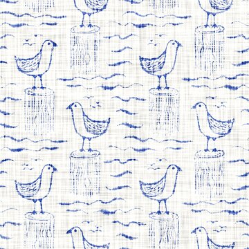 Azure Blue White Seagull Linen Texture. Seamless Textile Effect Background. Weathered Doodle Dye Pattern. Coastal Cottage Beach Home Decor. Modern Sea Bird Gull Marine Fashion Repeat Cotton Cloth.
