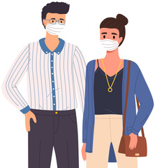 Male character and woman are wearing medical masks. People stand together and pose, vector illustration isolated on white background. Characters protect their face with masks. Couple on self-isolation