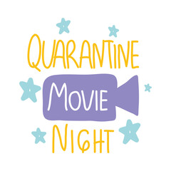 quarantine movie night lettering design with decorative videocamera and stars shapes, colorful design