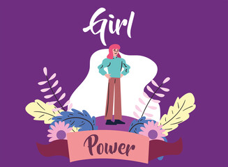 Girl power woman cartoon with leaves vector design