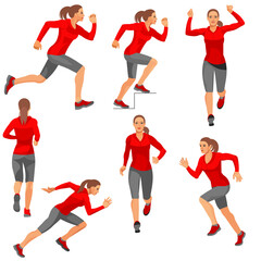 Seven isolated vector figures of running girls in warm sports clothes