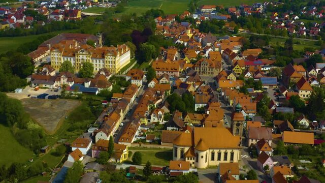 Aerial view of the village and monastery Ellingen in Germany, Bavaria on a sunny spring day