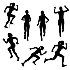 Fototapeta na wymiar Seven isolated vector silhouettes of running girls in warm sports clothes