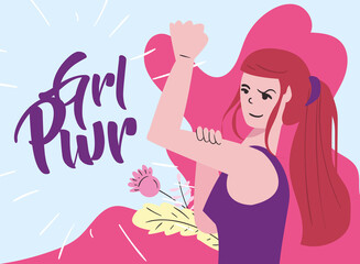Girl power strong woman cartoon with flower and leaf vector design