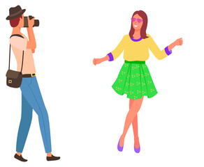 Photographer with photo camera and woman posing with flower, photosession vector. Girl and man taking picture, spring photoshooting. Photo for social media