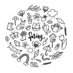 set of hand drawn spring doodles isolated on white background. good for prints, posters, cards, logos, stickers, cliparts, icons, etc. EPS 10