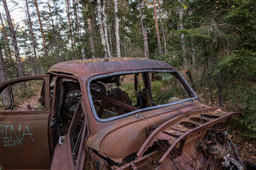 Old cars in wild nature on the car cemetery of Kyrkö Mossei in Sweden