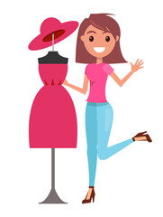 Young happy woman shopping for a dress. Smiling girl near mannequin with pink elegant dress and hat on white background. Cheerful female character in a sewing studio or shop selecting evening outfit