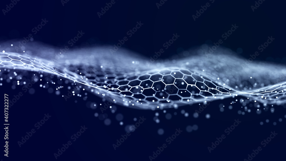 Poster Network connection structure. Data transfer. Abstract background with interweaving of dots and lines. 3D rendering.