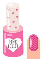 Pink nail polish and a woman s hand with a pattern on the nail, varnish manicure salon accessory. Nail rose polish bottle with cap with hearts, cute container with lacquer, hand care and beauty