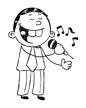 Vector EPS. Hand drawn black and white illustration of a kid who is singing a song.