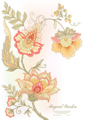 Fantasy flowers in retro, vintage, jacobean embroidery style. Template for wedding invitation, greeting card, banner, gift voucher, label. Colored vector illustration