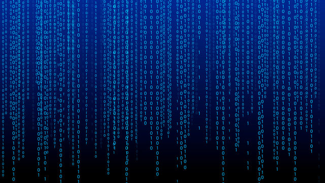 Blue matrix background. Falling numbers on screen. Technology stream binary code. Digital vector illustration. Hacking concept.