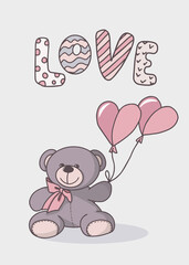 Vector hand-drawn illustration of a cute teddy bear. Greeting card for Valentines day, birthday, holiday.