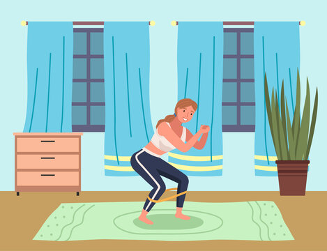 Young woman working out doing exercises at home on a mat, squat with a load in a healthy daily life concept, vector cartoon illustration. Girl is doing sport at home and stretching with yoga exercise