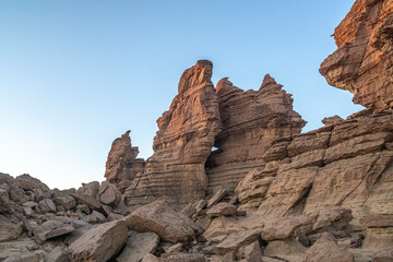 Sandstone pinnacles in the Sahara desert at sunset, Chad, Africa