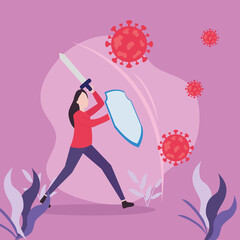 covid 19 virus fight and woman with shield and sword vector design