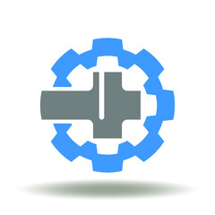 Gear with medical cross vector icon. Medicine, health care, pharmacy service symbol.