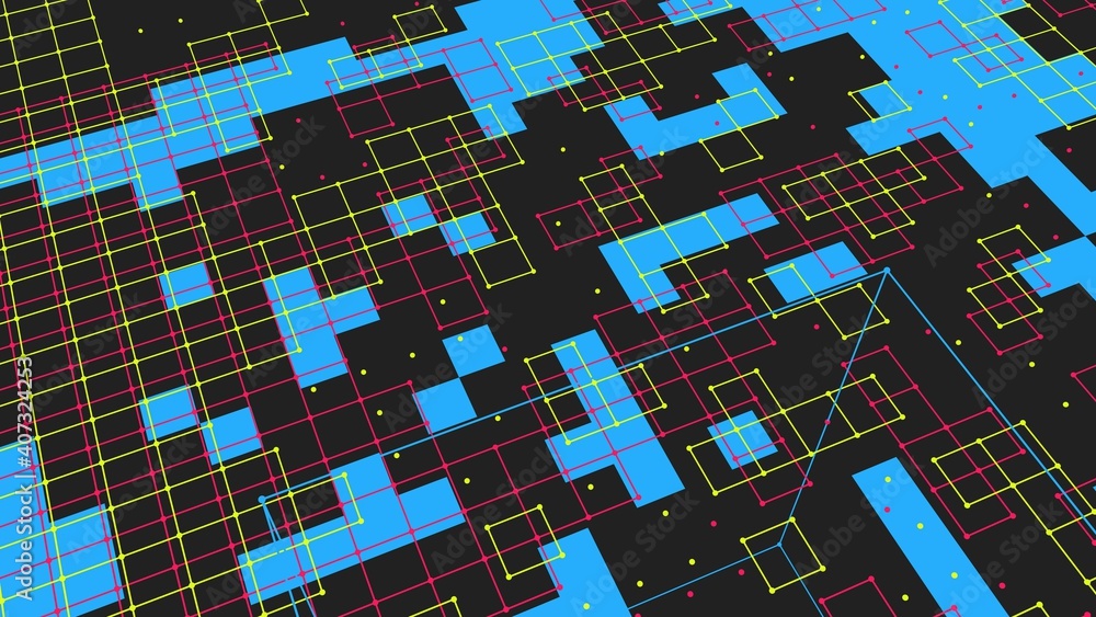 Poster abstract blue-gray background of lines, squares and dots. rendering.