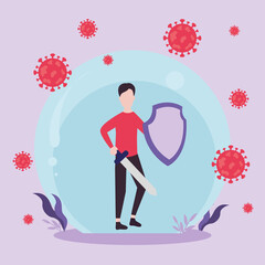 covid 19 virus fight and man with shield and sword vector design