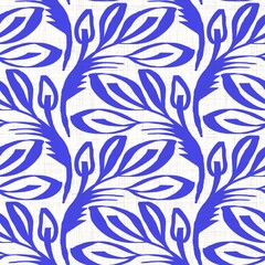 Azure blue white floral linen texture. Seamless textile effect background. Weathered doodle flower dye pattern. Coastal cottage beach home decor. Modern sea life marine fashion repeat cotton cloth.
