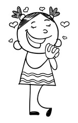 Vector EPS. Hand drawn black and white illustration of a shy girl.