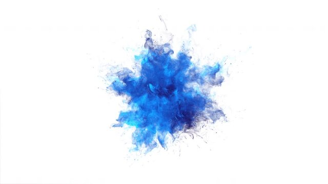 Blue color powder explosion - colorful burst smoke. Fluid ink particles slow motion alpha matte isolated on white