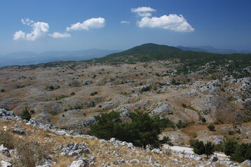 Fototapeta na wymiar View to hills and shrubs from Pantocrator mountain in Corfu island Greece