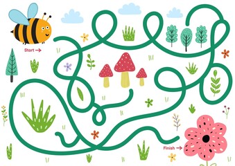 Help the bee find path to the flower. Choose the correct way maze puzzle for kids. Funny labyrinth game. Vector illustration