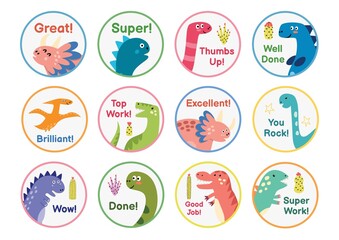 Reward stickers collection with cute dinosaurs. Teachers award badges with funny dinos. Labels for chore chart and planner. Vector illustration