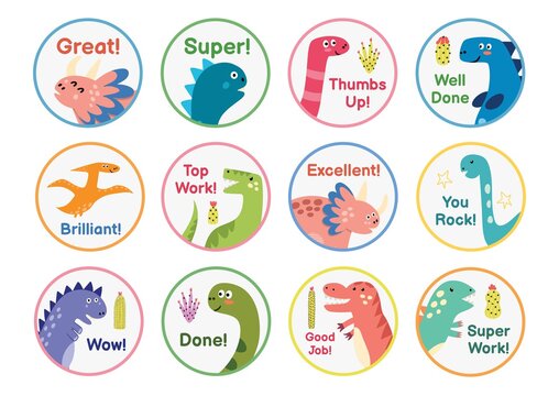 Naklejka Reward stickers collection with cute dinosaurs. Teachers award badges with funny dinos. Labels for chore chart and planner. Vector illustration