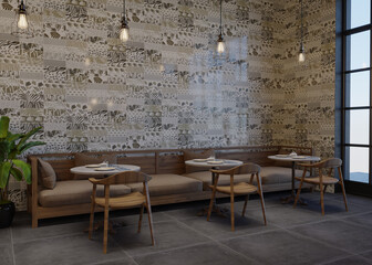 Interior of a cafe design with chairs, 3d render