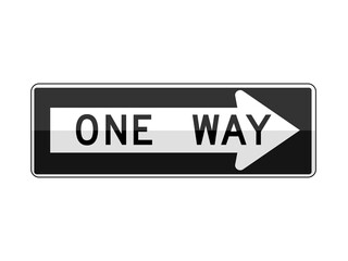 isolated road sign, one way, right white arrow symbol with black text and thin line stroke on white background, simple flat paperwork vector design.